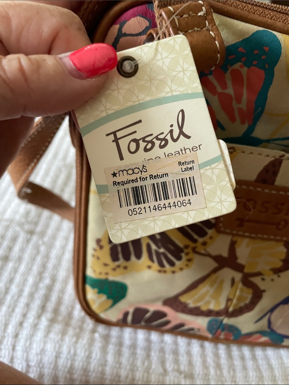 Fossil Multicolor Butterfly Print Crossbody Bag - Cream and Brown Trim - Picture 2 of 5